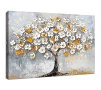 Wooden Framed Large Canvas Wall Art White Gold Blossoming Trees Painting On Canvas Prints Modern Artwork Poster Gray Floral Tree Pictures for Living Room Bedroom Home Office Wall Decoration 120x80cm