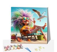 Wooden Framed Paint by Numbers Kits for Adults,DIY Painting Kit on Canvas, Color by Numbers Acrylic,Adult Paint by Number for Wall Decor and Gifts (The eccentric granny on the beach and the seagulls)