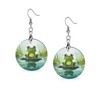 Wooden Frog in A Pond Earrings for Women Lightweight Dangle Earrings Ethnic Geometric Round Earring Vintage Retro Jewelry Gift for Daily Wear Wedding Party Graduation