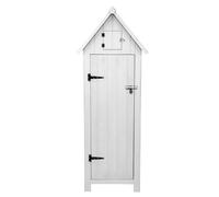 Wooden Garden Storage Shed White Tool Organiser Cabinet Beach Hut Sentry Box Lockable Doors 3 Corner Shelves 4 Door Hooks Roof Hatch Padlock 4 Keys Ground Fixing Kit Screw Covers Fir Wood Asphalt Roof
