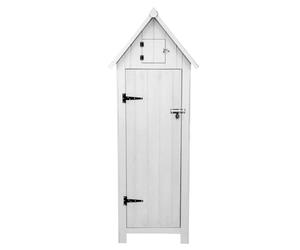 Wooden Garden Storage Shed White Tool Organiser Cabinet Beach Hut Sentry Box Lockable Doors 3 Corner Shelves 4 Door Hooks Roof Hatch Padlock 4 Keys Ground Fixing Kit Screw Covers Fir Wood Asphalt Roof