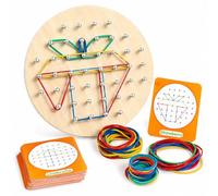 Wooden Geoboard,Puzzle Board, Fine Motor Skills & Early Development Toys with 30 Pattern Cards and Board Brain Teaser, games for 3 year olds (Round)