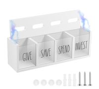 Wooden Give Save Spend Invest Money Saving Box, Visualized Money Saving Bank, Wooden Daily Cash Piggy Bank, Visualized Coin Jar, Countertop Wall Mount for Living Room Laundry Room(White)