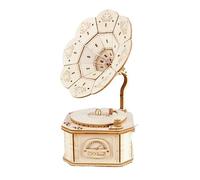 Wooden Gramophone Music Box, 3D DIY Puzzle Musical Boxes Retro Style with ‘To Alice’ Tune, Handmade Vintage Phonograph Model for Desk Decoration and Learning Toy for Kids & Adults
