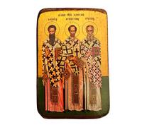 Wooden Greek Christian Orthodox Icon of The Three Hierarchs - Saint Basil, Saint Gregory & Saint John - Handmade Religious Wood Icon - 3.5x2.7 in / 9x7 cm / A0