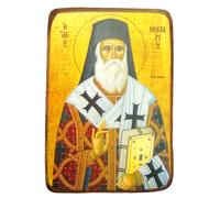Wooden Greek Christian Orthodox Wood Icon of Saint Nectarios of Aegina / A0