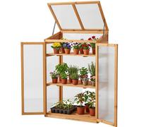 Wooden Greenhouse Freestanding Grow House 3 Shelves Polycarbonate Panels Double Doors Hinged Lid Cold Frame 69X51X120Cm