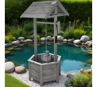 Wooden Grey Wishing Well Bucket Planter Plant Flower Pot Garden Patio