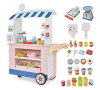 Wooden Grocery Store Marketplace Toy, Colorful Market Stand Pretend Play Set with Universal Wheel Food Scale Cash Register and 30 Accessories, Shop Playset Gift for Ages 3+