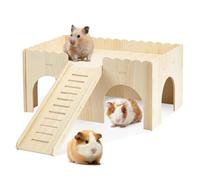 Wooden Guinea Pig House, Guinea Pig Hideout with Cave Stairs, Detachable Hamster Castle with 4 Entrances for Rat Hamster Hedgehog Hiding and Playing(38 * 25 * 18.5cm)