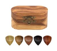 Wooden Guitar Picks and Guitar Pick Holder Case Set, 5 Plectrum for Acoustic Guitar with Mini Guitar Pick Box, Guitar Plectrums for Electric Acoustic Brass Guitar Mandolin Banjo