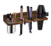 Hair Tool Organizer Wall Mounted - Wooden Hair Dryer Holder, Blow Dryer Holder for Bathroom, Rustic Hair Styling Tools Organizer for Flat Iron, Curling Wand, Hair Straighteners, Brushes, Brown