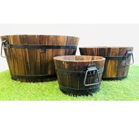 Wooden Half Barrel Planter with Metal Trim, Garden Outdoor Wood Plant Pot, Multiple Sizes (Diameter 30cm x 17cm Height)