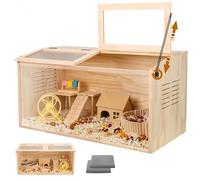 Wooden Hamster Cage,32" Lx16 Wx16 H,Animal Cabinet for Dwarf Syrian Hamsters Degus, Hamster Habitat with Openable Top and Large Acrylic Sheets, Natural Wooden Hamster Habitat with 2 Openable Door.