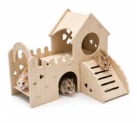 Wooden Hamster & Guinea Pig Castle Hideout, Double-Decker Maze Hut w/Slide Ladder Platform, Cage Accessories for Dwarf Syrian Hamsters Gerbils Mice Rat, Sturdy Easy Assemble Chew Habitat Hut