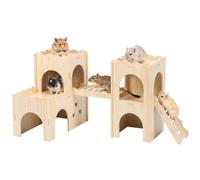 Wooden Hamster Hideout,Hamster Hideout Habitats Décor with Climbing Ladder Platform Shelter Multi Chamber Hides Habitat for Syrian Hamsters Dwarf Hamsters Gerbils Rat