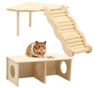 Wooden Hamster Hideout,Integrated 3-in-1 Playground Solid Wooden Hamster Climbing Platform with Ladder and Fan Shape Table, Small Animal Playhouse for Guinea Pigs, Syrian Hamsters and Mice