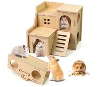 Wooden Hamster House, Hamster Hideout with Platform and Seesaw, Small Rat House, Hide Hamsters for Syrian Dwarf Hamsters & Gerbils, Cage Accessories, Burrow, Bed and Play Area