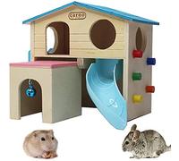 Wooden Hamster House Small Animal Hideout Climbing Ladder Slide Hut Play Toys for Chipmunk Mouse Rat Hedgehog (Blue)