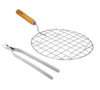 Wooden Handel Round Roasting Net Stainless Steel Jali with Stainless Steel Food Tong Set 2,Rosting Net with Ice Tong (2 Pcs)