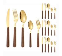 Wooden Handle Kitchen Stainless Steel Silverware Tableware Flatware Cutlery 5 Piece Set Steak Knife Fork Spoon Teaspoon (Gold,20 Pieces)