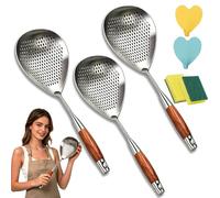 Wooden Handle Stainless Steel Skimmer, Multifunctional Large Deep Fryer Scoop, Frying Spoon Strainer with Long Handle, Hanging Skimmer Spoon for Kitchen Cooking Frying Draining (3PC-S-38CM)