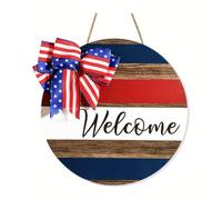 Wooden hanging door porch with a nice print and bow for the American Independence Day holiday