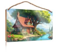 Wooden Hanging Plaque Sign Idyllic Cottage By The River Wooden Sign Funny Kitchen Decor Sign Front Door Decor(20X30CM)