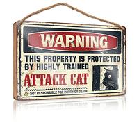 Wooden Hanging Plaque Sign Warning This Property Is Protected By A Highly Trained Attack Cat Wooden Sign Hanging Plaque Sign Funny Bathroom Art(23X35CM)