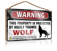 Wooden Hanging Plaque Sign Warning This Property Is Protected By A Highly Trained Wolf Wooden Sign Farmhouse Door Decor Funny Office Door Signs(23X35CM)