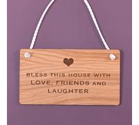 Wooden hanging sign - "Bless this house with love, friends and laughter"