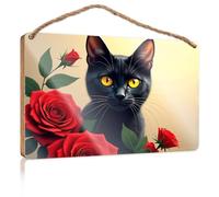 Wooden Hanging Wall Sign A Black Cat with Striking Yellow Eyes is Surrounded By Vibrant Red Roses Funny Bedroom Decor Office Door Signs Personalized(20X30CM)