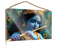 Wooden Hanging Wall Sign A Blue-Skinned Deity Adorned with Jewelry Plays A Golden Flute Bar Signs for Home Bar No Solociting Signs(20X30CM)
