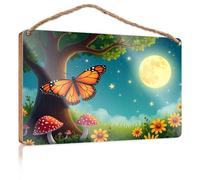 Wooden Hanging Wall Sign A Butterfly Perches On A Tree Trunk Under A Bright Moonlit Sky Funny Bedroom Decor Office Door Signs Personalized(20X30CM)