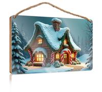 Wooden Hanging Wall Sign A Cozy, Snow-Covered Cabin with Candy Cane Decorations Bar Signs for Home Bar No Solociting Signs(23X35CM)