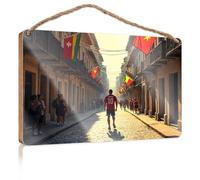 Wooden Hanging Wall Sign A Man in A Red Jersey Walks Down A Street Adorned with Colorful Flags Funny Bedroom Decor Office Door Signs Personalized(20X30CM)