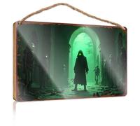 Wooden Hanging Wall Sign A Mysterious Figure Surrounded By Skeletons In A Haunting Green-L Wooded Sign Summer Decor Door Sign For Bedroom(23X35CM)