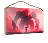 Wooden Hanging Wall Sign A Person with Wings Stands Before A Giant Red Robot Funny Bedroom Decor Office Door Signs Personalized(23X35CM)