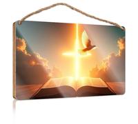 Wooden Hanging Wall Sign an Open Book with A Glowing Cross and Dove in The Sky Bar Signs for Home Bar No Solociting Signs(23X35CM)