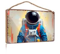 Wooden Hanging Wall Sign Astronaut in Space Suit with American Flag Patch Bar Signs for Home Bar No Solociting Signs(23X35CM)