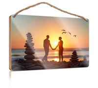 Wooden Hanging Wall Sign Couple Holding Hands On A Beach At Sunset Bar Signs for Home Bar No Solociting Signs(23X35CM)