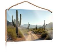 Wooden Hanging Wall Sign Desert Landscape with Tall Cacti and Mountains in The Background Funny Bedroom Decor Office Door Signs Personalized(23X35CM)