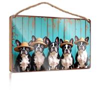 Wooden Hanging Wall Sign Five Stylish Boston Terriers Wearing Straw Hats Wooded Sign Summer Decor Door Sign For Bedroom(20X30CM)