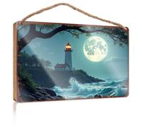 Wooden Hanging Wall Sign Full Moon Glows Over Lighthouse By The Sea Wooded Sign Summer Decor Door Sign For Bedroom(23X35CM)