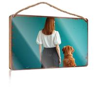 Wooden Hanging Wall Sign Girl And Golden Retriever Looking At Each Other Against Blue Back Wooded Sign Summer Decor Door Sign For Bedroom(20X30CM)