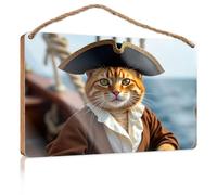 Wooden Hanging Wall Sign Pirate Cat On Ship Deck Funny Bedroom Decor Office Door Signs Personalized(15X28CM)