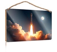 Wooden Hanging Wall Sign Rocket Launching Into Space with Moon in Background Funny Bedroom Decor Office Door Signs Personalized(20X30CM)