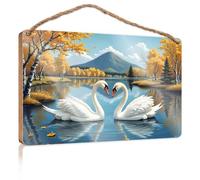 Wooden Hanging Wall Sign Swans In Love: A Heart-Shaped Reflection On Autumn'S Lake Wooded Sign Summer Decor Door Sign For Bedroom(15X28CM)