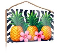 Wooden Hanging Wall Sign Three Pineapples With Pink Flowers On Zebra Print Background Wooden Sign Wood Signs For Home Decor Patio Decor(23X35CM)