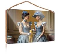 Wooden Hanging Wall Sign Victorian Elegance: Two Women In Blue Gowns With Floral Accents Wooded Sign Summer Decor Door Sign For Bedroom(15X28CM)